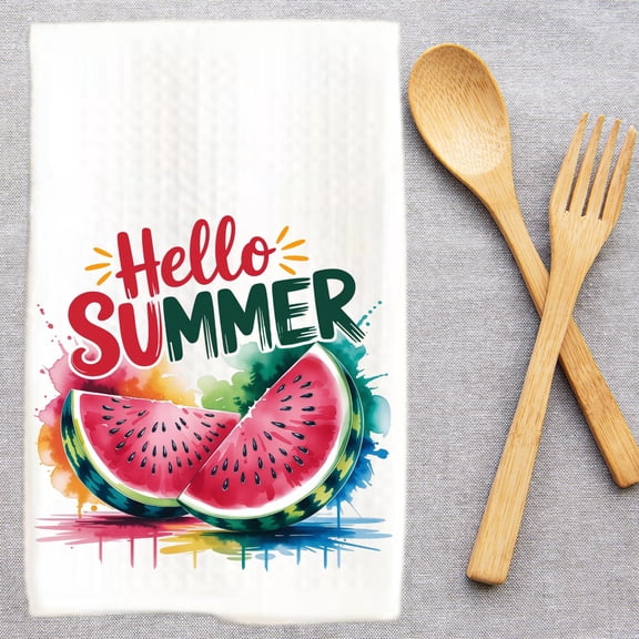 Hello Summer Watermelon Kitchen Dish Towel, 16x24 Inch, Waffle Weave, Absorbent, Summer Decor