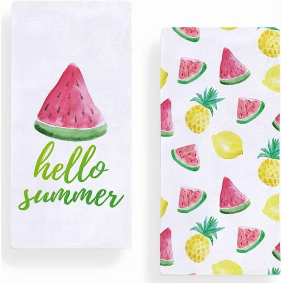 Hello Summer Watermelon Kitchen Towels Dish Towels, 18x26 Inch Summer Lemon Pineapple Decoration Hand Towels Set of 2
