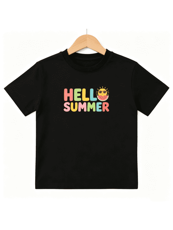 Hello Summer Watermelon Sun Boys Graphic Tee, Cute Beach 100% Cotton Kids Short Sleeve T-Shirt 4-13Y