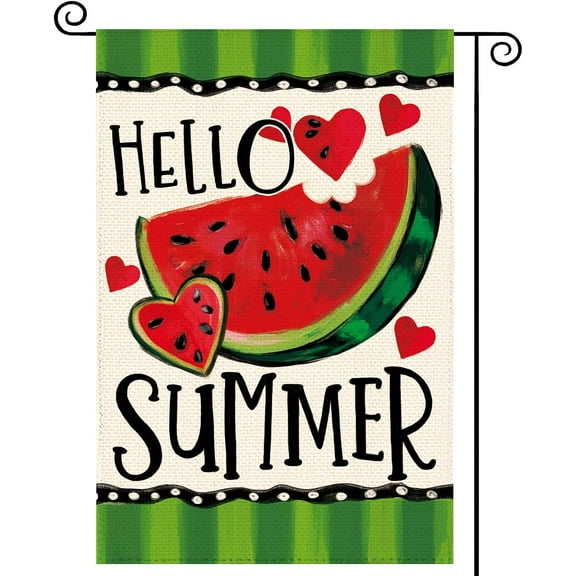 Hello Summer Watermelon Welcome Garden Flag 28x40"Inch Double Sided, Cute Fruit Farmhouse Burlap Small Yard Flag Summer Seasonal Holiday Outdoor Outside Decoration