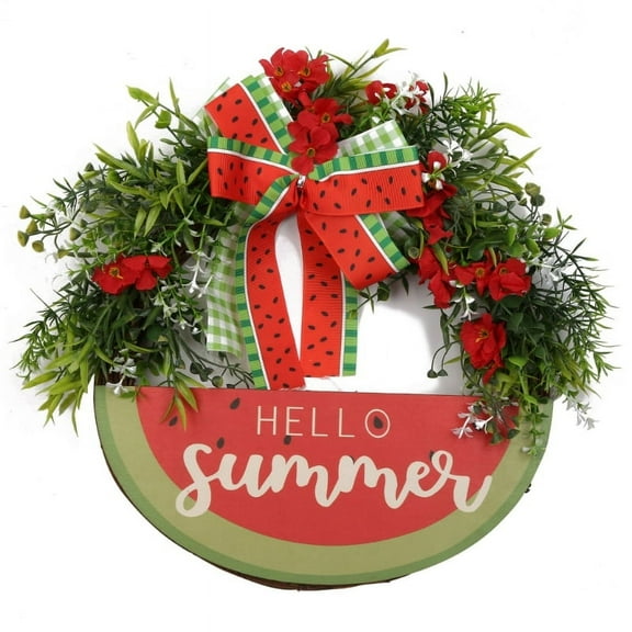 Hello Summer Watermelon Wreath Artificial Fruit Hanging Garland Ornament for Farmhouse Front Door Decoration Props