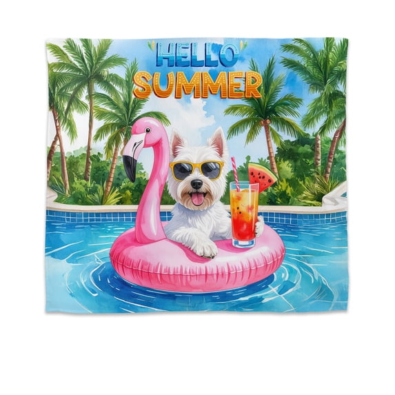 Hello Summer West Highland White Terrier at Swimming Pool Flamingo Swim Ring Tapestry Westie Westy Dog Lover Wall Hanging Backdrop Home Decor - 12009