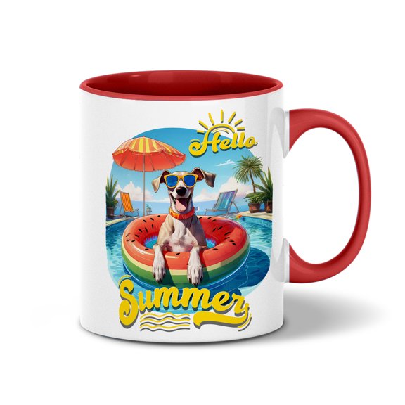 Hello Summer Whippet Pool Day on Watermelon Float 11oz Accent Two-tone Mug Dog Lover Coffee Tea Cup - 13008