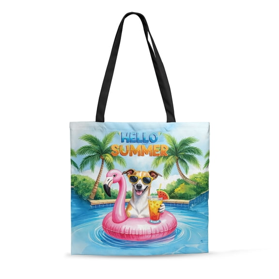 Hello Summer Whippet at Swimming Pool Flamingo Swim Ring All Over Print 3D Canvas Tote Bag Dog Lover Reusable Handbag - 12009