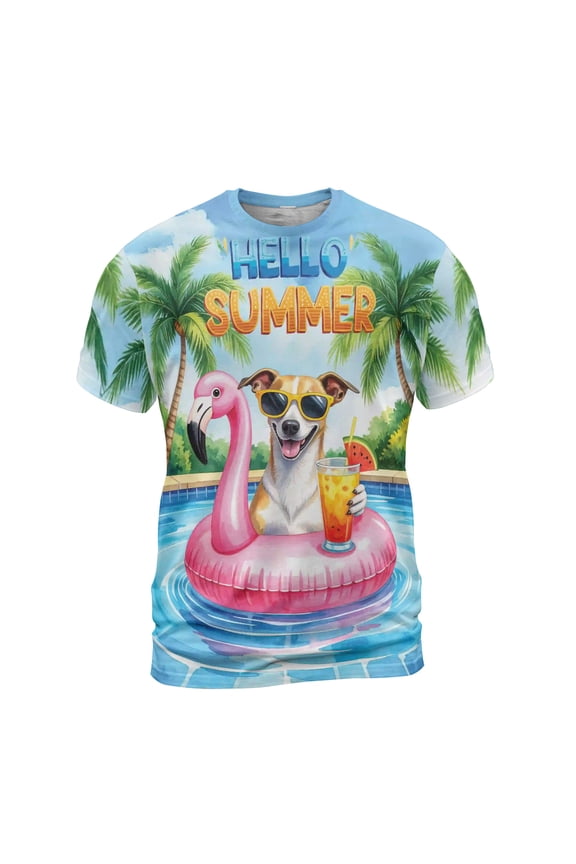 Hello Summer Whippet at Swimming Pool Flamingo Swim Ring All Over Print 3D Shirt Unisex Merch Dog Lover - 12009
