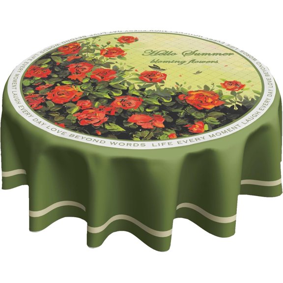 Hello Summer Wild Flower Tablecloth Red Rose Floral 0il Painting Table Cover Live Laugh Love Themed Round Table Cloth Indoor Outdoor Table Cover for Home Kitchen Patio Decor (60 Inch)