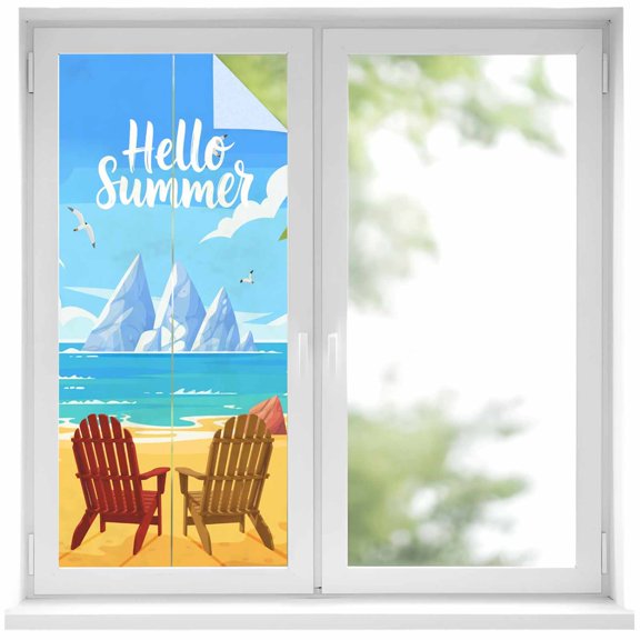 Hello Summer Window Privacy Film, Beach Sandy Chairs Bird Green Tree Coastal Frosted Glass Window Clings Static Cling UV Heat Blocking Reusable Door Sticker for Bathroom 19.6 x 39.3 Inch