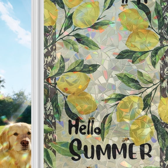 Hello Summer Window Privacy Film Stain Glass,Reusable Decorative Rainbow Window Film,Lemon Green Botanical Watercolor Static Cling Sun Blocking Stickers Decals Covers 29.5" x 78.7" (2pcs)