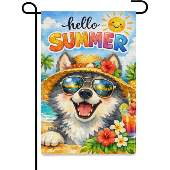 Hello Summer Wolf Garden Flag 12x18 Inch,Cute Funny Animal Sunglasses Tropical Beach Floral Outside Yard Decor,Double Sided Outdoor Banner Lawn Patio Welcome Gift