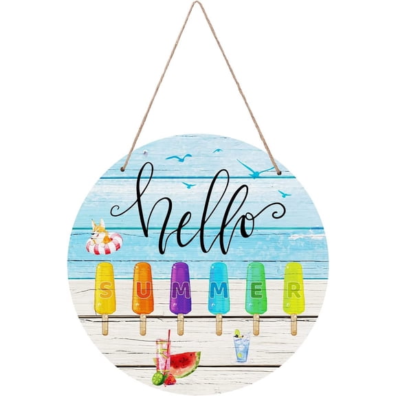 Hello Summer Wooden Flat Round Hanging Door Sign Colorful Ice Lollies Pattern Wood Sign Wall Hanging Decor