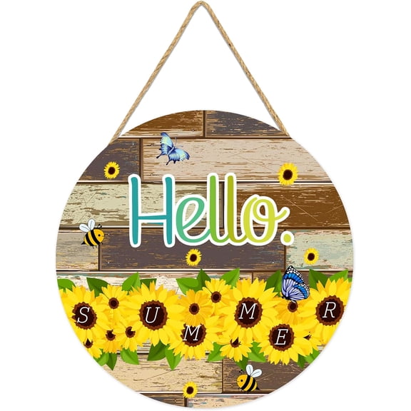 Hello Summer Wooden Hanging Sign Sunflower Wall Art Front Door Hangern Farmhouse Decor Summer Welcome Sign Room Decorations Yellow Bee Wall Hanger 12x12 Inch