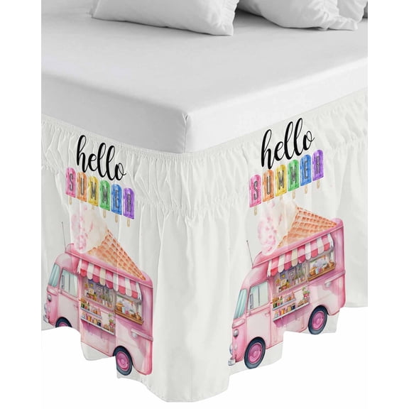 Hello Summer Wrap Around Bed Skirts for Queen Bed 18" Drop, Bed Skirt with Adjustable Elastic Belt Dust Ruffle Bed Valance for Bedroom Hotel Luxury Pink Ice Cream Truck Watercolor Bed Frame Cover