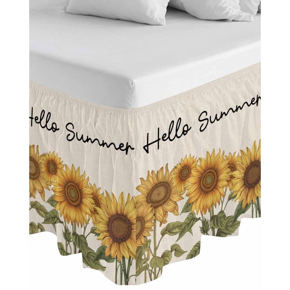 Hello Summer Wrap Around Bed Skirts for Queen Bed 18" Drop, Bed Skirt with Adjustable Elastic Belt Dust Ruffle Bed Valance for Bedroom Hotel Luxury Vintage Spring Floral Sunflowers Bed Frame Cover