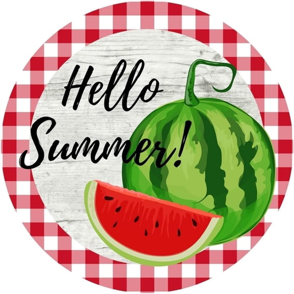 Hello Summer Wreath Watermelon Vintage Round Metal Tin Sign Posters Retro Wall Art Farm Garage Pub Bedroom Restaurant Wall Decor Aluminum Sign 8x8 Inch