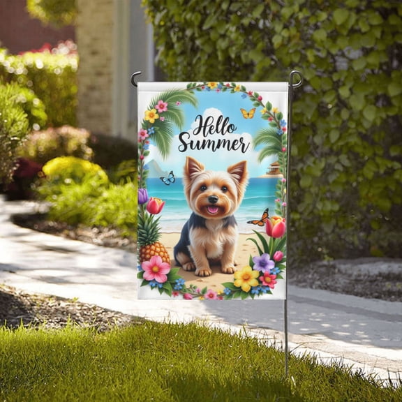 Hello Summer Yorkshire Terrier Garden Flag Double Sided 12x18 Inch Beach Dog Floral Summer Garden Flag Outdoor Yard Lawn Decor Home Gifts for Men Women Birthday Gifts Memorial Day