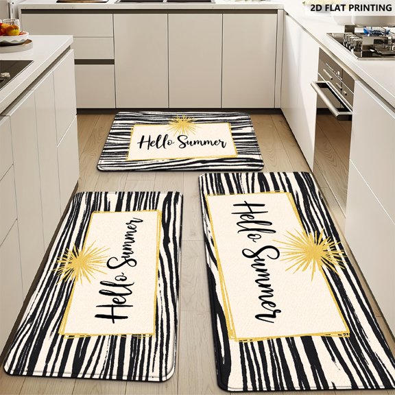 Hello Summer Zebra Stripe Kitchen Mat Set, Non-Slip Fleece Floor Mat for Bathroom Laundry Bedside Door, Black White with Gold, Machine Washable Polyester, Holiday Gift
