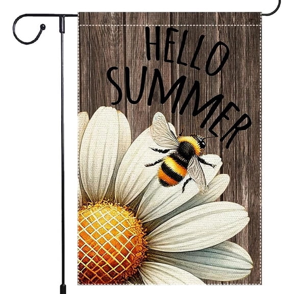Hello Summer garden Flag 12x18 inch Burlap Double Sided, Bee Chamomile Garden Flags Home Yard Outdoor Lawn Decor Rustic Farmhouse Decorations