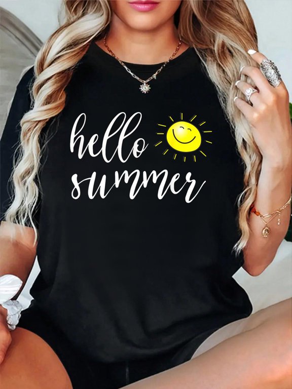 Hello Summer with happy sun for summer vacation & Holidays T-Shirt for Men Women casual short sleeve crew neck cotton tee tops for women