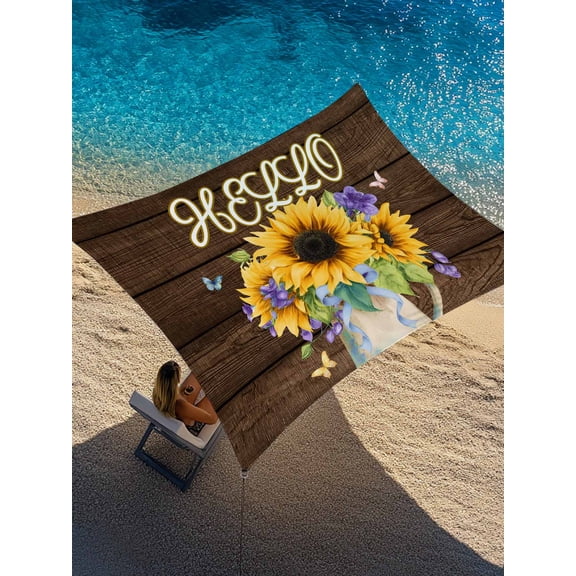 Hello Sun Shade Sail 8' x 10', Summer Watercolor Sunflower Farmhouse Butterfly Brown Wood Grain Rectangle Outdoor Sunshade Canopy, Waterproof UV Block Patio Covers for Garden Yard Beach