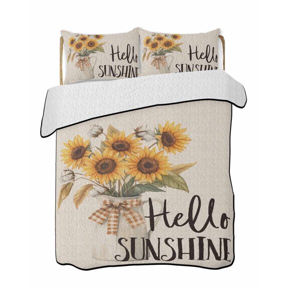 Hello Sunshine 3 Piece Quilt Bedding Set with 2 Pillow Shams, Yellow Sunflower Linen Texture Lightweight Bedspread Coverlet, Soft Breathable All Season Quilt, 96 x 106 Inch