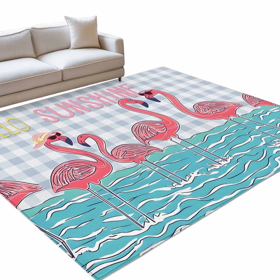 Hello Sunshine Area Rugs 5x8ft Blue Sea Sky Pink Flamingos Grey Plaid Floor Rug Non Slip Low Pile Ultra Soft Throw Carpet for Entryway Indoor Entrance Kitchen Bathroom