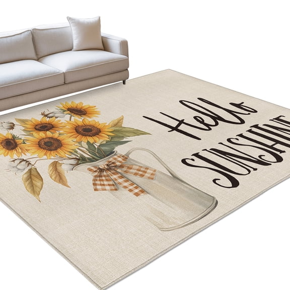 Hello Sunshine Area Rugs 6x9ft Yellow Sunflower Linen Texture Floor Rug Non Slip Low Pile Ultra Soft Throw Carpet for Entryway Indoor Entrance Kitchen Bathroom