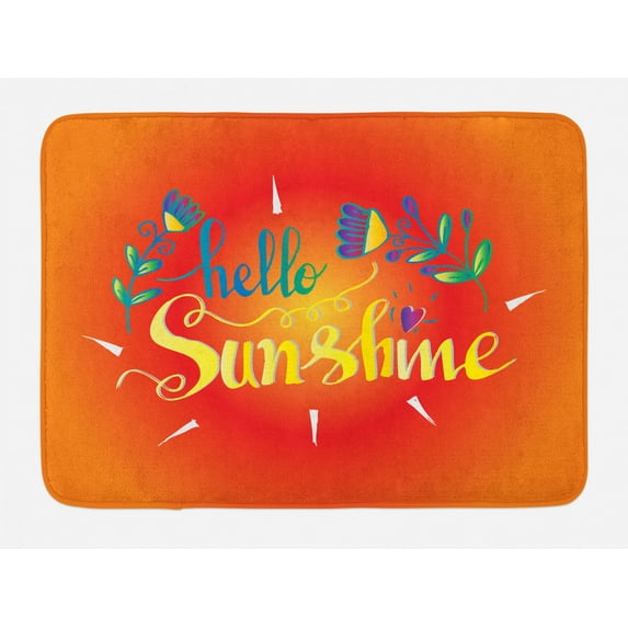 Hello Sunshine Bath Mat, Colorful Composition with Hello Sunshine Words and Blooming Spring Flowers, Plush Bathroom Decor Mat with Non Slip Backing, 29.5" X 17.5", Multicolor, by Ambesonne