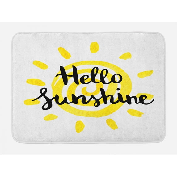 Hello Sunshine Bath Mat, Spiral Sun Motif Watercolor Style Background with Hand Lettering, Plush Bathroom Decor Mat with Non Slip Backing, 29.5" X 17.5", Yellow Charcoal Grey, by Ambesonne