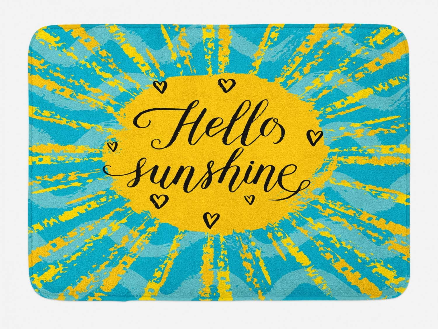 Hello Sunshine Bath Mat, Sun Motif with Stripes on Wavy Ocean Themed