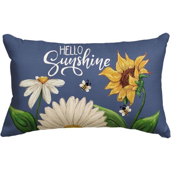 Hello Sunshine Daisy Sunflower Bee Throw Pillow Cover, 12 x 20 Inch Summer Party Holiday Blue Cushion Case Decoration for Sofa Couch