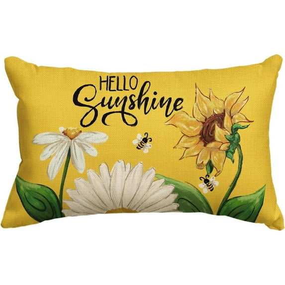 Hello Sunshine Daisy Sunflower Bee Throw Pillow Cover, 12 x 20 Inch Summer Party Holiday Yellow Cushion Case Decoration for Sofa Couch