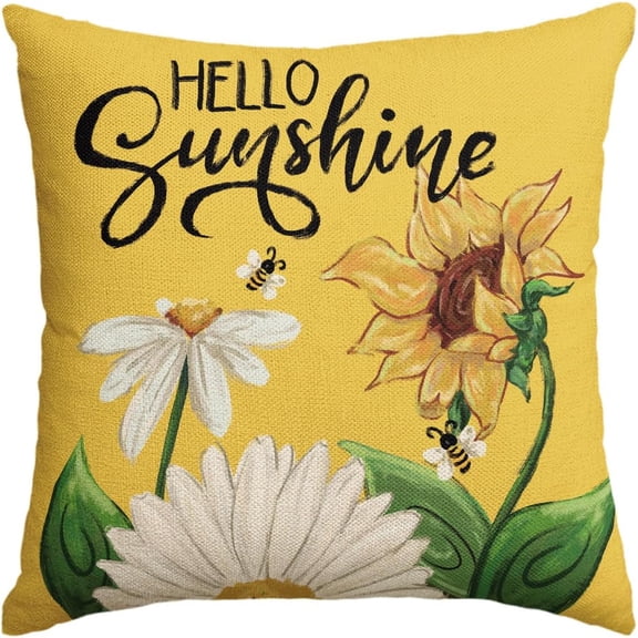 Hello Sunshine Daisy Sunflower Bee Throw Pillow Cover, 18 x 18 Inch Summer Party Holiday Yellow Cushion Case Decoration for Sofa Couch