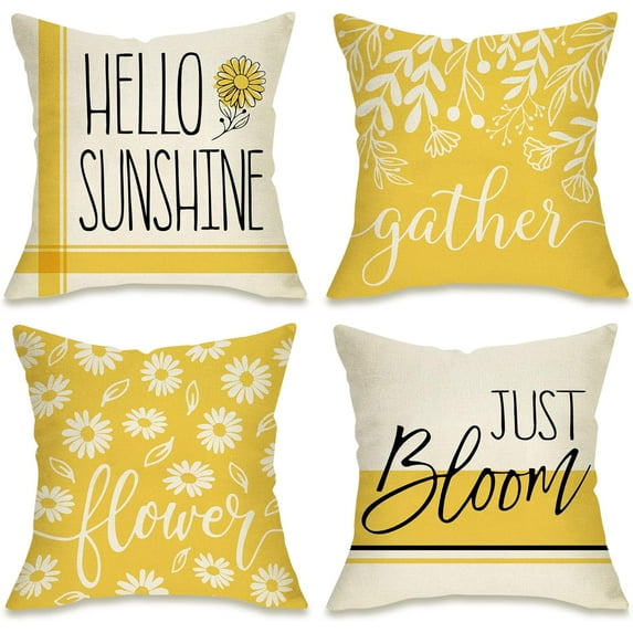 Hello Sunshine Decorative Throw Pillow Cover 18 x 18 Set of 4, Spring Summer Yellow Daisy Floral Flower Porch Patio Outdoor Pillowcase, Just Bloom Gather Sofa Couch Cushion Case Home Decor
