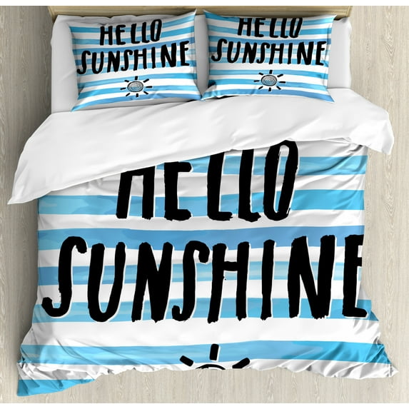Hello Sunshine Duvet Cover Set King Size, Nautical Themed Sun and Horizontal Stripes Sketch Typography, Decorative 3 Piece Bedding Set with 2 Pillow Shams, Blue Charcoal Grey White, by Ambesonne