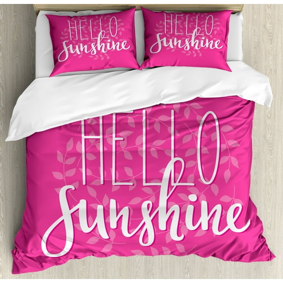 Hello Sunshine Duvet Cover Set Queen Size, Calligraphy Design with Laurel Leaves Abstract Pink Background Hand Drawn, Decorative 3 Piece Bedding Set with 2 Pillow Shams, Pink White, by Ambesonne