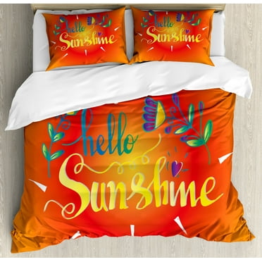 Hello Sunshine Duvet Cover Set Queen Size, Colorful Composition with Hello Sunshine Words and Blooming Spring Flowers, Decorative 3 Piece Bedding Set with 2 Pillow Shams, Multicolor, by Ambesonne