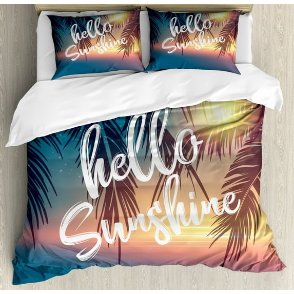 Hello Sunshine Duvet Cover Set Queen Size, Dreamy Tropical Beach with Abstract Sunset and Palm Trees Summertime Romance, Decorative 3 Piece Bedding Set with 2 Pillow Shams, Multicolor, by Ambesonne