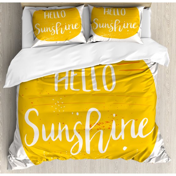 Hello Sunshine Duvet Cover Set Queen Size, Hand Drawn Lettering Hello Sunshine Uplifting Words Summer Season, Decorative 3 Piece Bedding Set with 2 Pillow Shams, Orange and Champagne, by Ambesonne