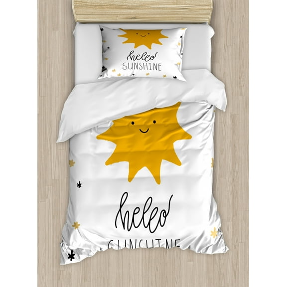 Hello Sunshine Duvet Cover Set Twin Size, Fun Lettering with Nursery Style Doodle, Decorative 2 Piece Bedding Set with 1 Pillow Sham, Marigold Pale Orange Charcoal Grey and White, by Ambesonne