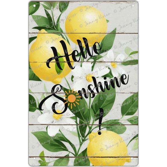 Hello Sunshine Flower Pattern Lemon Art Print - Lemon Fruit With Inspirational Quote Metal Tin Sign Wall Art - Perfect For Kitchen Bedroom Decor - Garden Decor - Flower Shop Decor 12 x 8 In