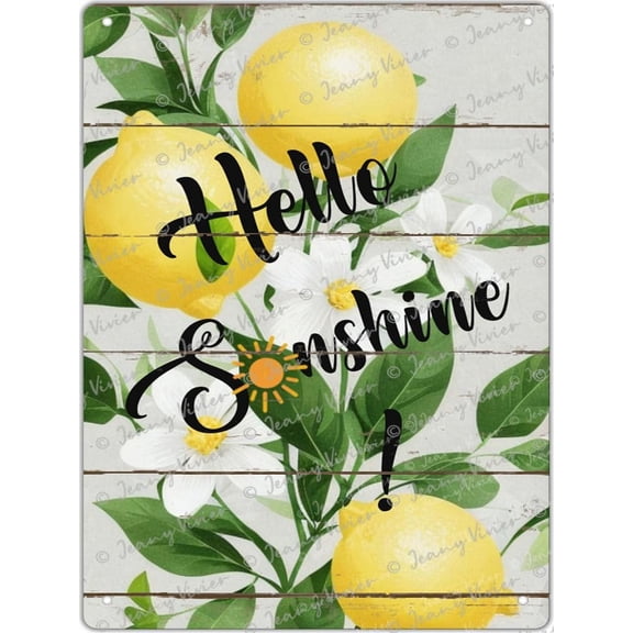 Hello Sunshine Flower Pattern Lemon Art Print - Lemon Fruit With Inspirational Quote Metal Tin Sign Wall Art - Perfect For Kitchen Bedroom Decor - Garden Decor - Flower Shop Decor 12 x 16 In