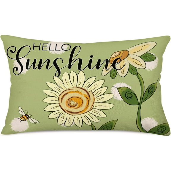 Hello Sunshine Flower Pillow Covers 12x20 Inch Spring Summer Daisy Floral Sunflower Bee Throw Waist Pillow Cases Oblong Rustic Farmhouse Decor Cushion Cover Cotton Linen, Green Yellow