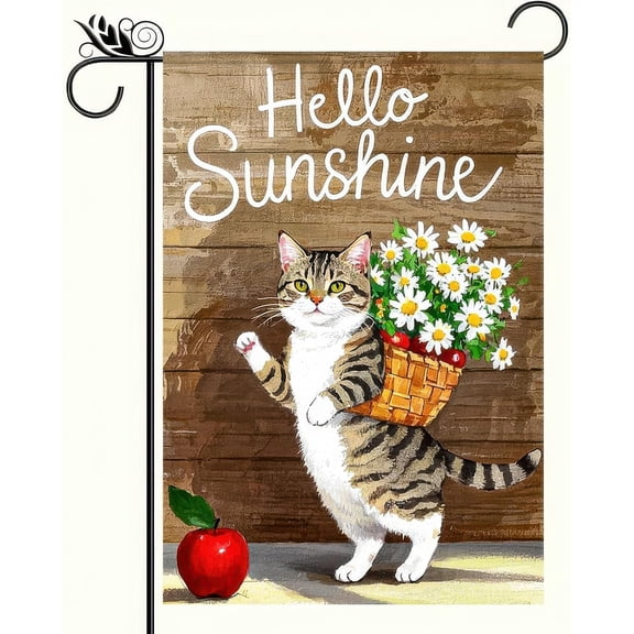 Hello Sunshine Garden Flag 12x18 Double Sided Spring Garden Flag Small Cat Daisies Welcome Garden Yard Flags For Outside Outdoor Lawn Patio Spring Summer Decoration (Only Flag)