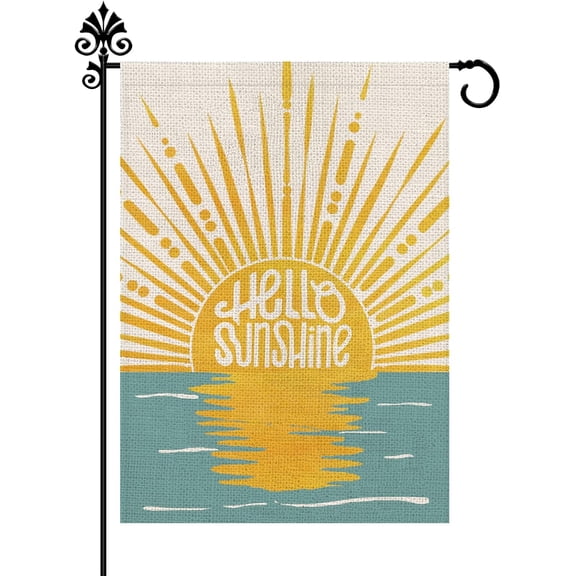 Hello Sunshine Garden Flag Sunset Over Sea Double Sided Vertical Summer Yard Outdoor Decoration 12×18 Inch (Size for Garden-12.5'''' x 18'''')