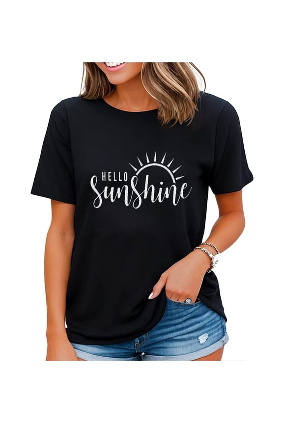 Hello Sunshine Graphic Tshirt Womens Summer Casual Short Sleeve Tops Shirts Black Large