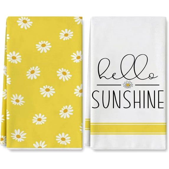 Hello Sunshine Kitchen Towels Summer Yellow Daisy Dish Towel 18 x 26 Inch for Seasonal Decoration Kitchen Bathroom Party Home Decorations Set of 2