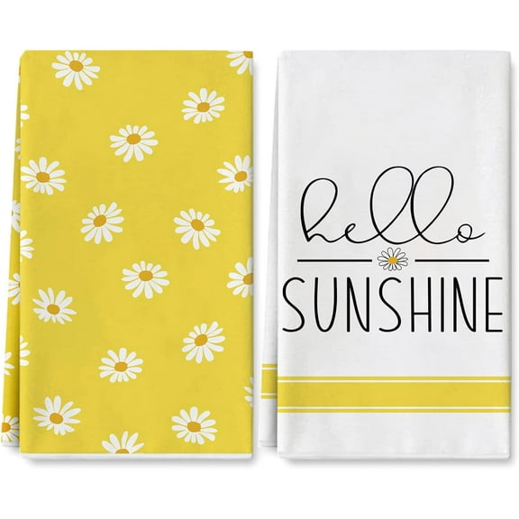 Hello Sunshine Kitchen Towels Summer Yellow Daisy Dish Towel 18 x 26 Inch for Seasonal Decoration Kitchen Bathroom Party Home Decorations Set of 2