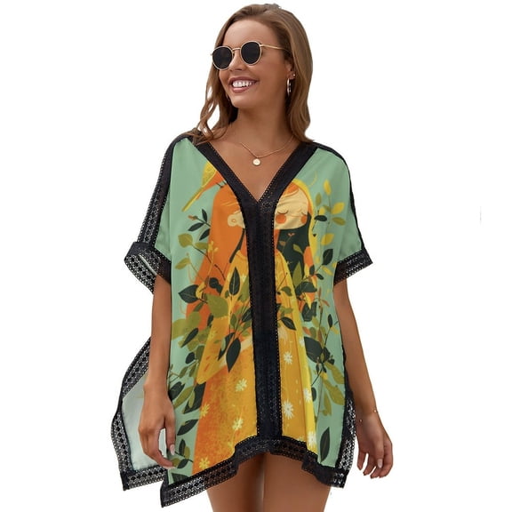 Hello Sunshine! - Orange Bird And Girls(green Background) Printed Women's Swimsuit Cover Up Summer Swimsuit Dress