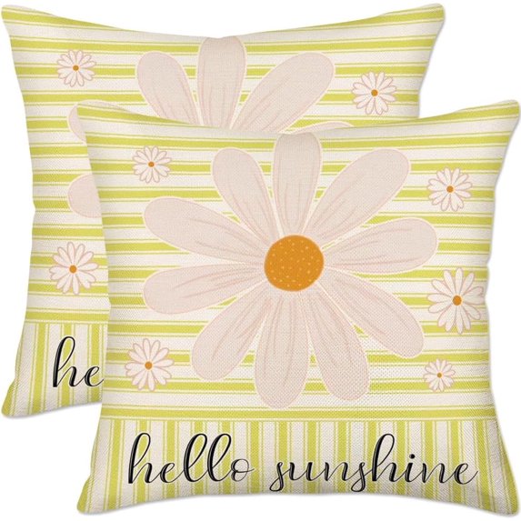 Hello Sunshine Pillow Covers 16x16 Inch Set of 2 Pink Daisy Floral Yellow White Striped Farmhouse Cotton Linen Pillow Cases Spring Summer Decorations Cushion Cover for Outdoor Sofa Couch