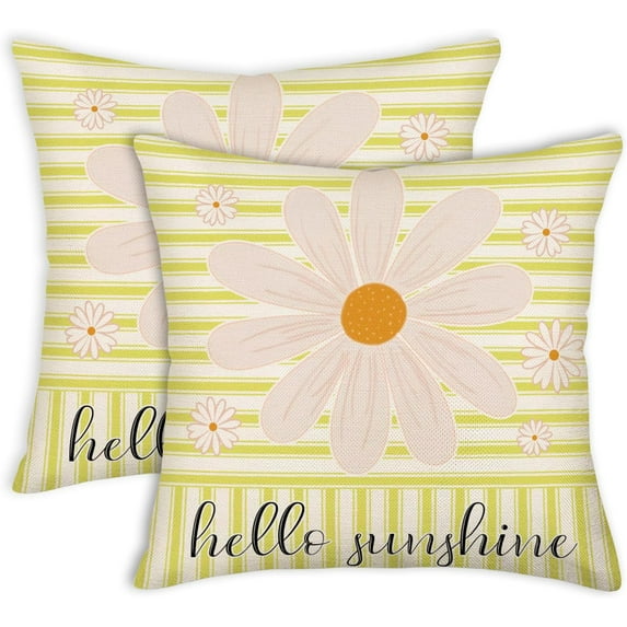 Hello Sunshine Pillow Covers 18 x 18 Inch Set of 2, Daisy Flower Spring Outdoor Farmhouse Stripes Throw Pillows, Spring Summer Decorations Cushion Case for Couch Living Room Bedroom, Yellow